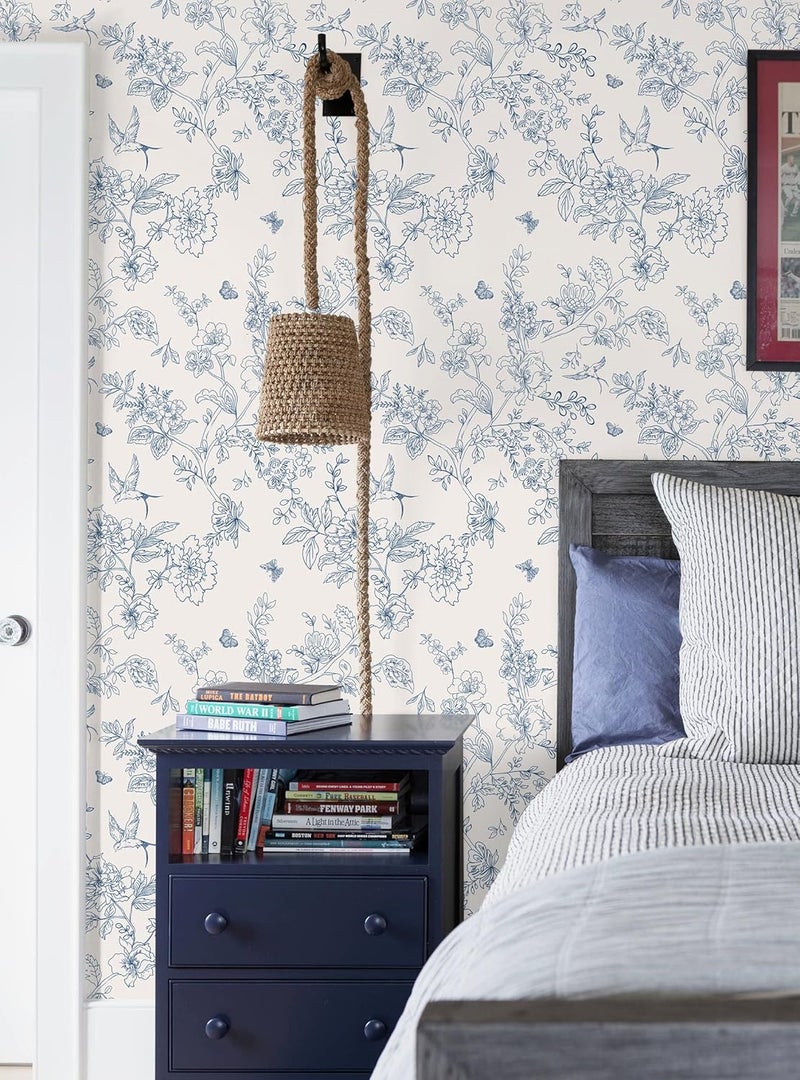 Froluya Cream White and Blue Floral Wallpaper Peel and Stick Wallpaper 17.7"x196.8" Vintage Floral Peel and Stick Wall Paper Removable Boho Self Adhesive Contact Paper for Bedroom Bathroom Vinyl - Image 5